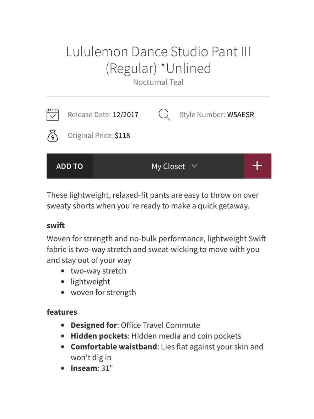 Lululemon Dance Studio Pant ||| (Regular) *Unlined Nocturnal Teal Size 4